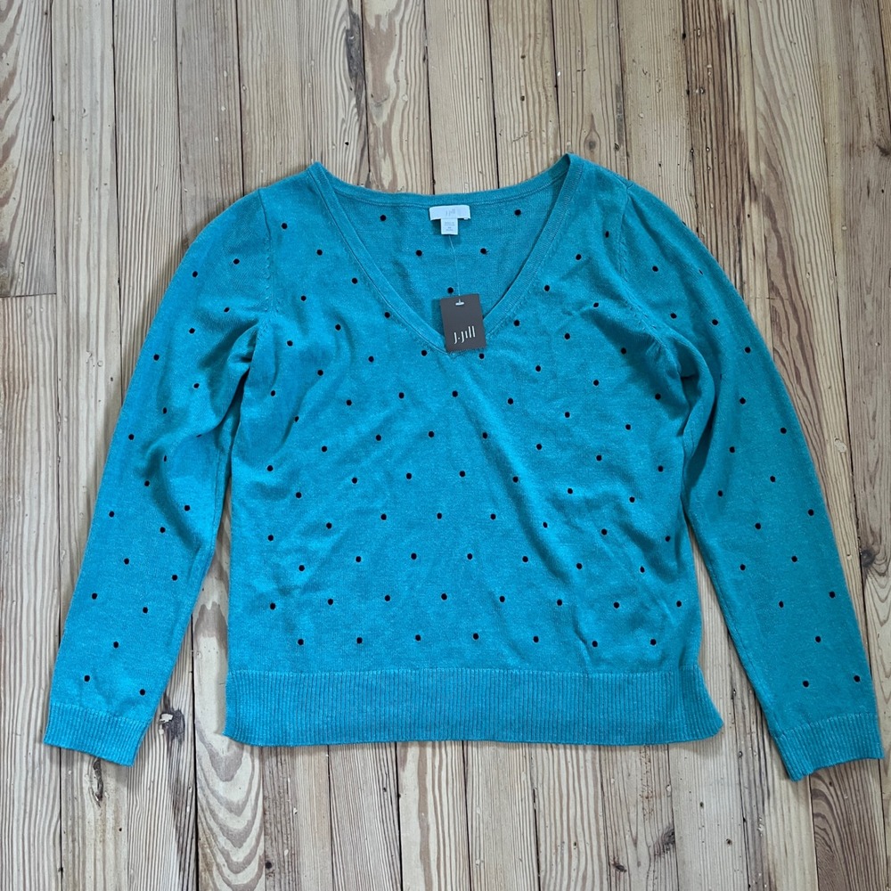 J. Jill Polka Dot Sweater Womens XS Petite Turquoise Teal V-Neck Cotton NWT